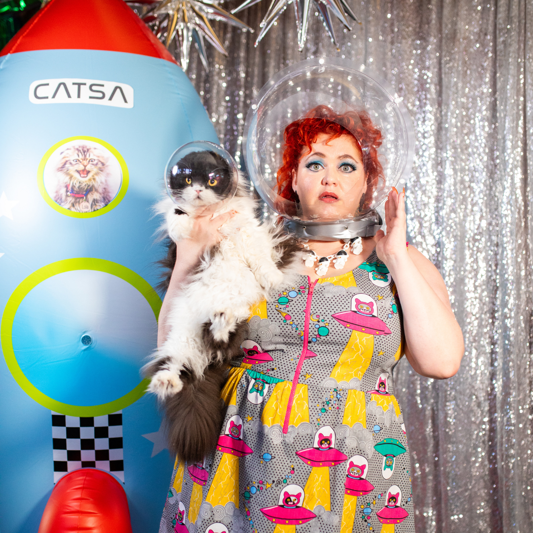 Cats in Space Print Fit & Flare Midi Dress