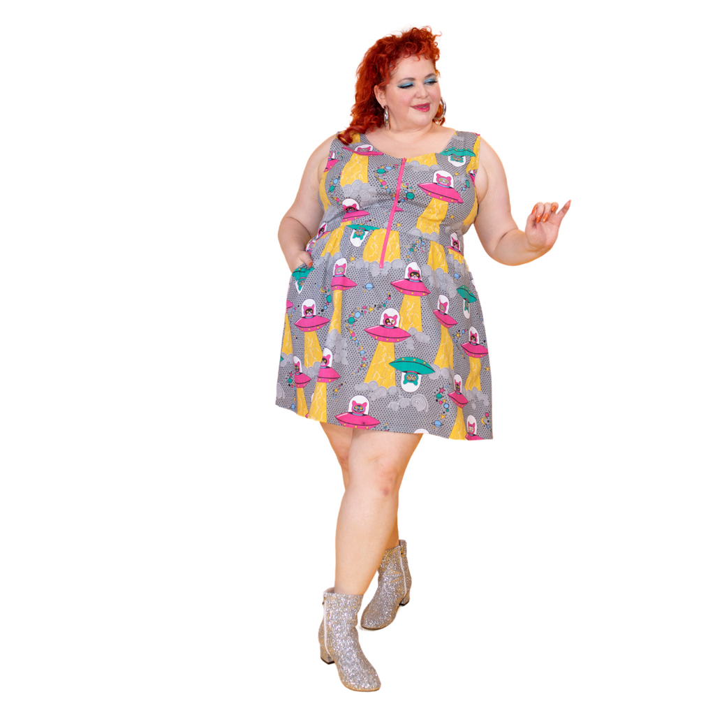 Cats in Space Print Fit & Flare Midi Dress