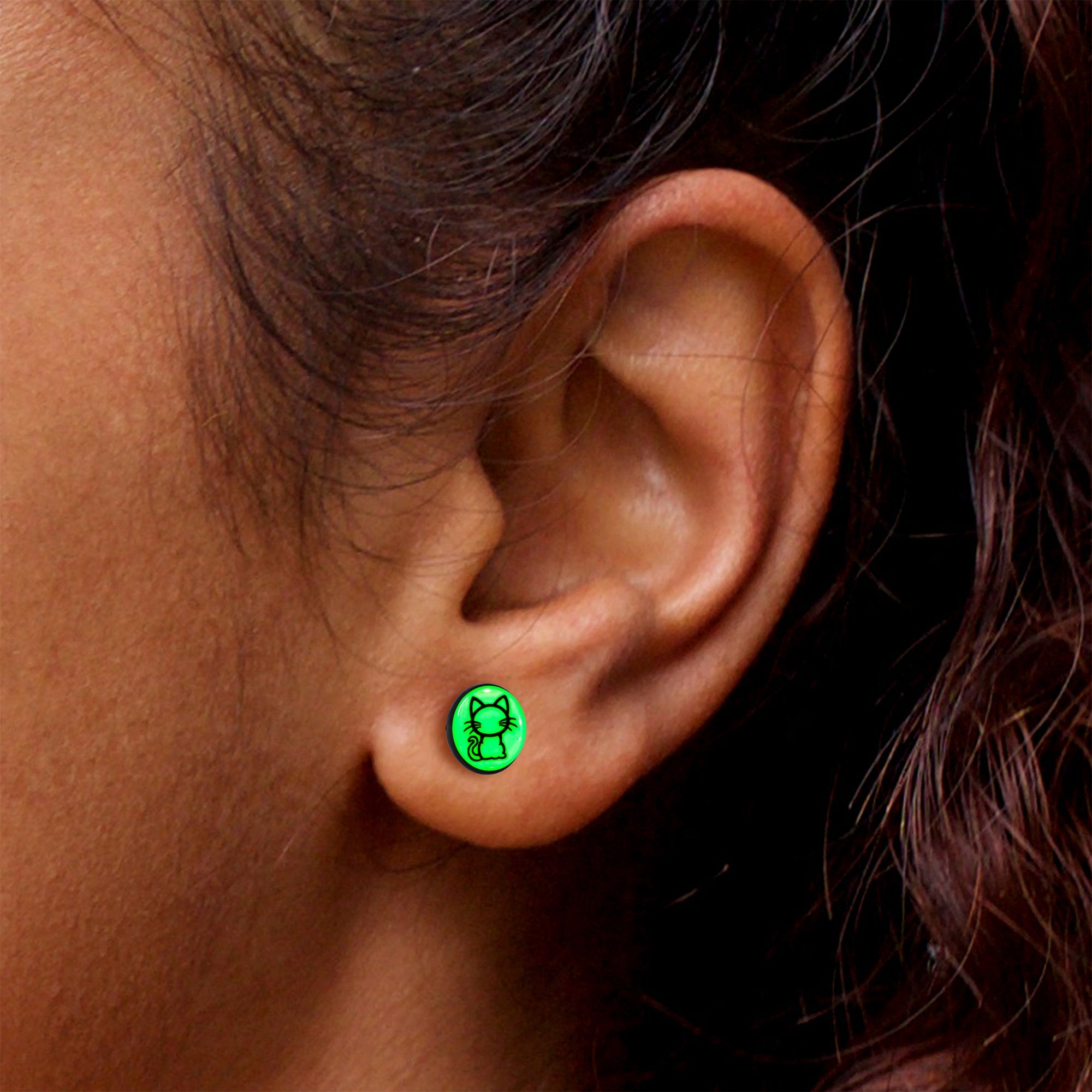 Black Anodized Kitty Cat Glow in the Dark Stud Earrings by Onyx O