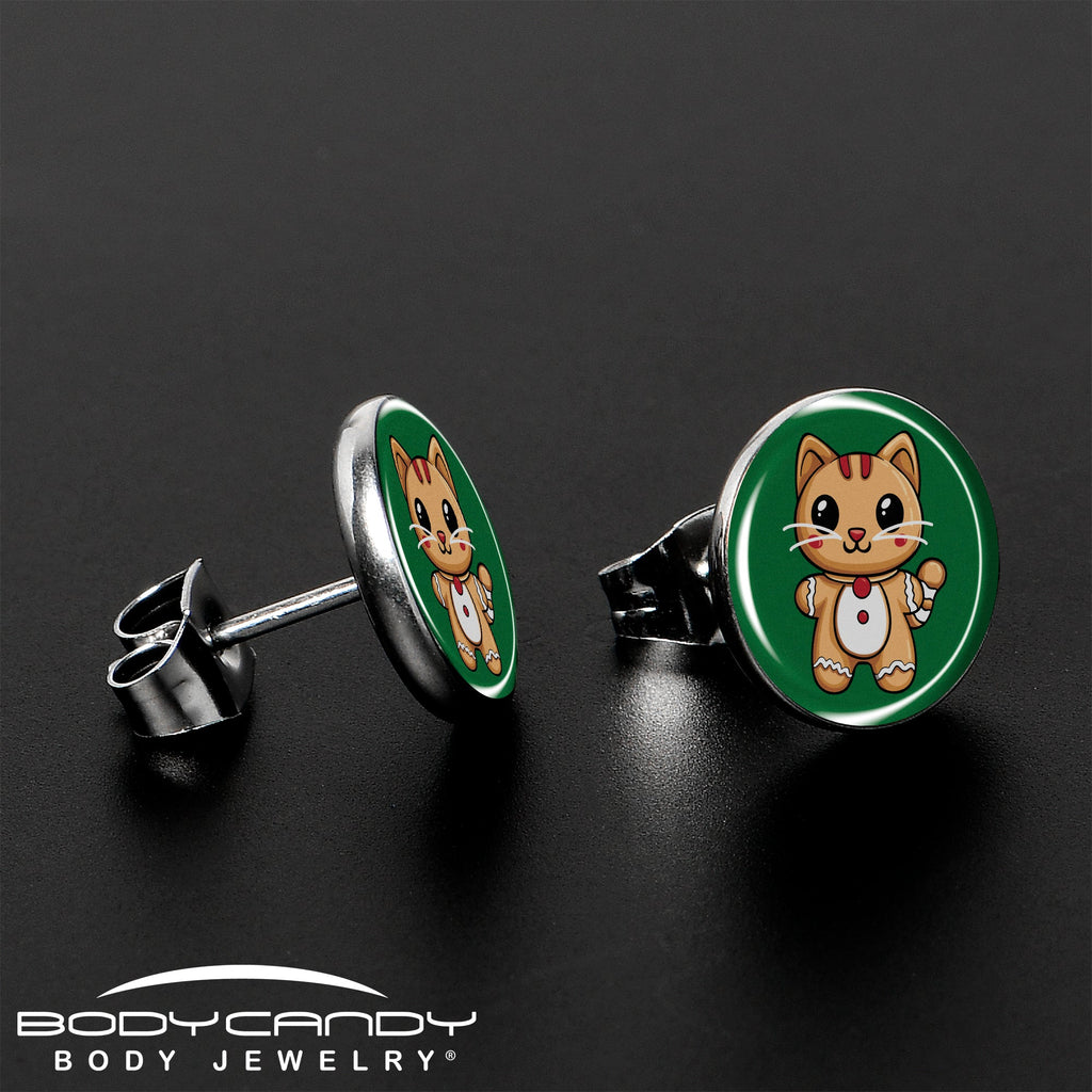 Christmas Holiday Gingerbrread Kitty Cat Stud Earrings by Onyx O