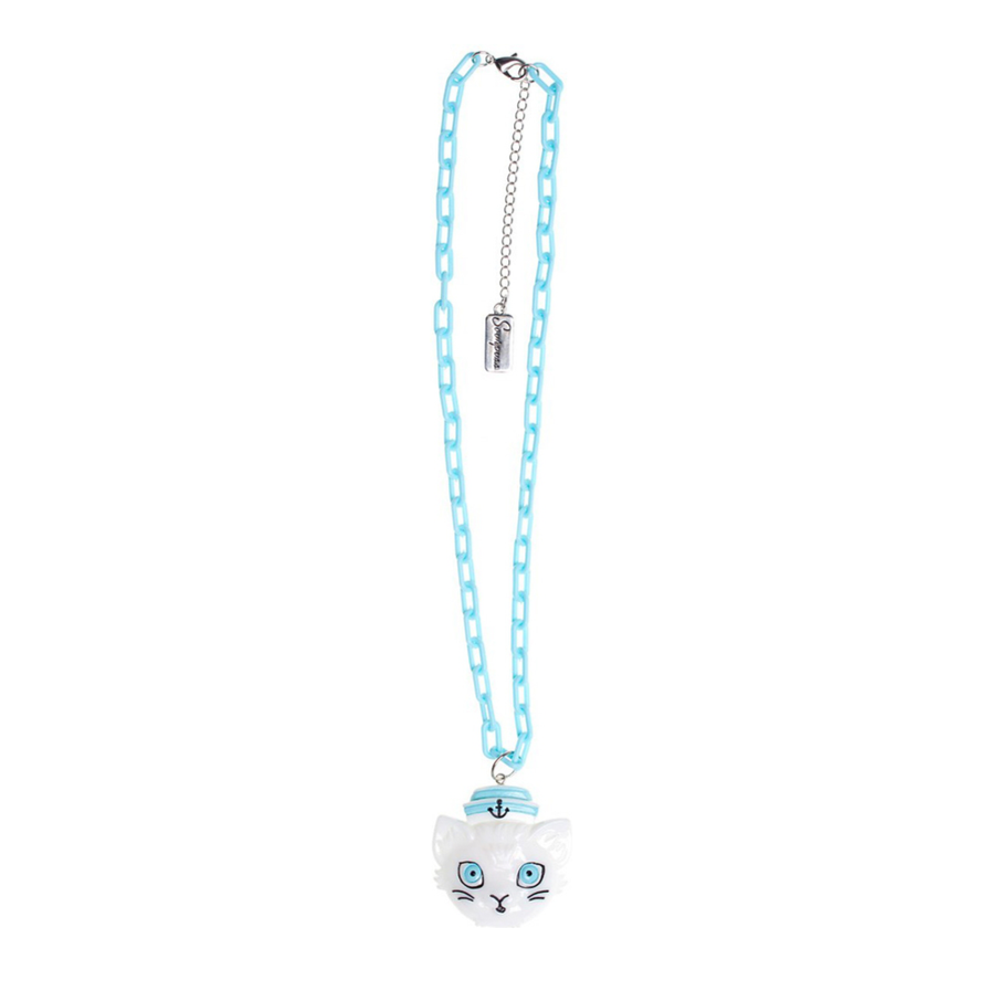 Sourpuss Oversize Sailor Cat Necklace | Chunky Retro Kitsch Cat Pendant Jewelry